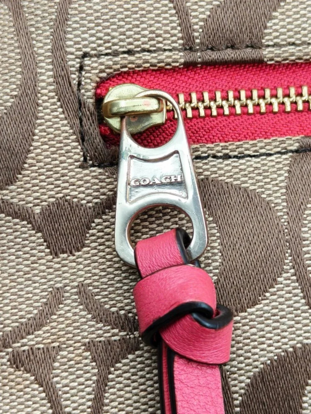Coach Signature C Jacquard Hobo Shoulder Bag Brown Pink Leather Trim